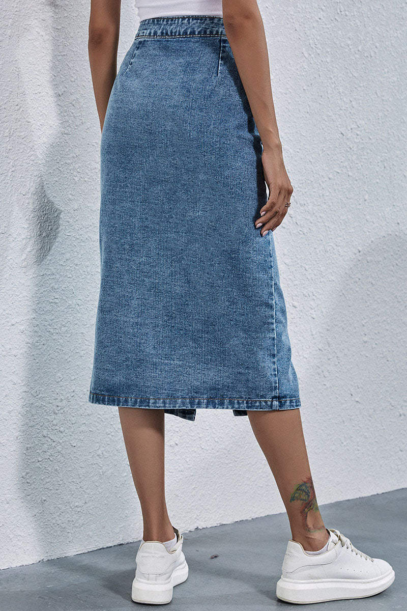 Hannah high-waist button-front long denim skirt