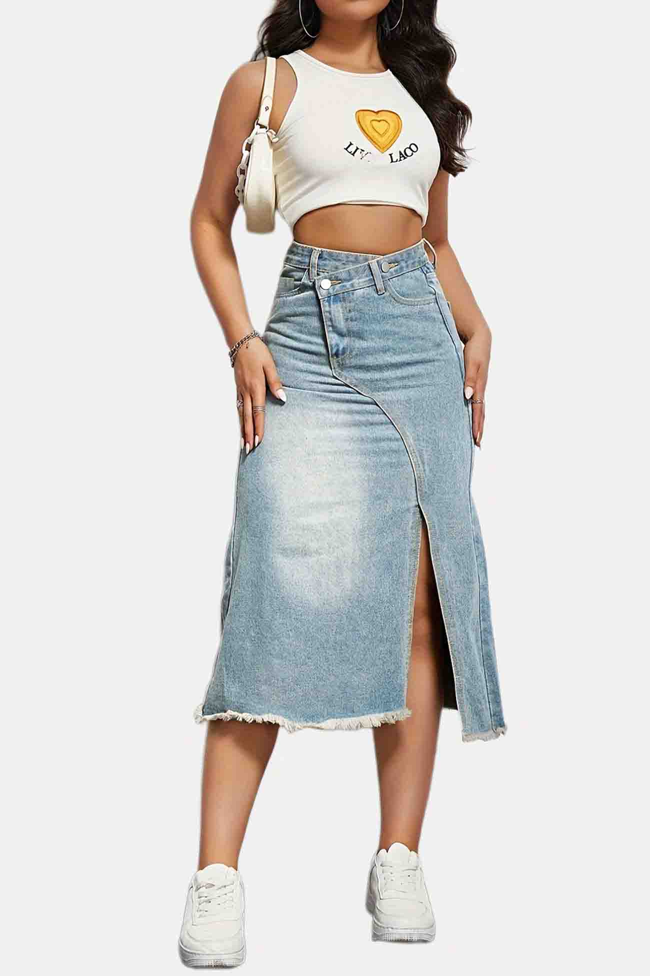 Karla - irregular front slit denim midi skirt