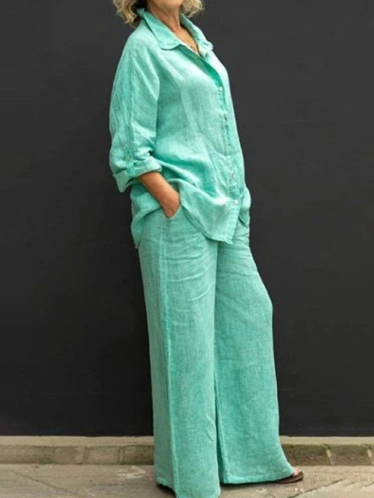 Livia I Two-piece linen lapel shirt set for women in vintage style