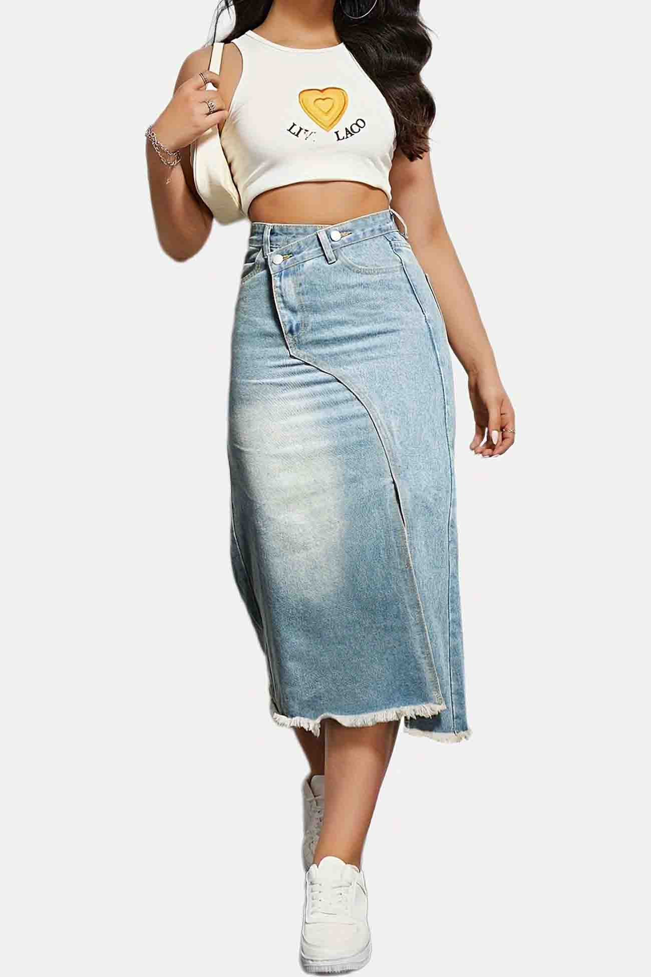 Karla - irregular front slit denim midi skirt