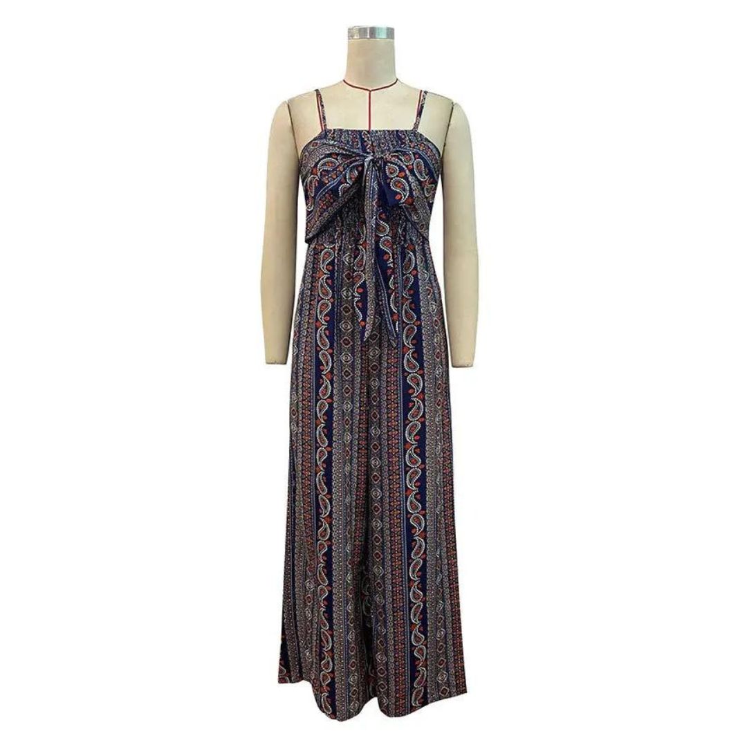 Manon – Bohemian Print Jumpsuit with Lace-Up Neckline
