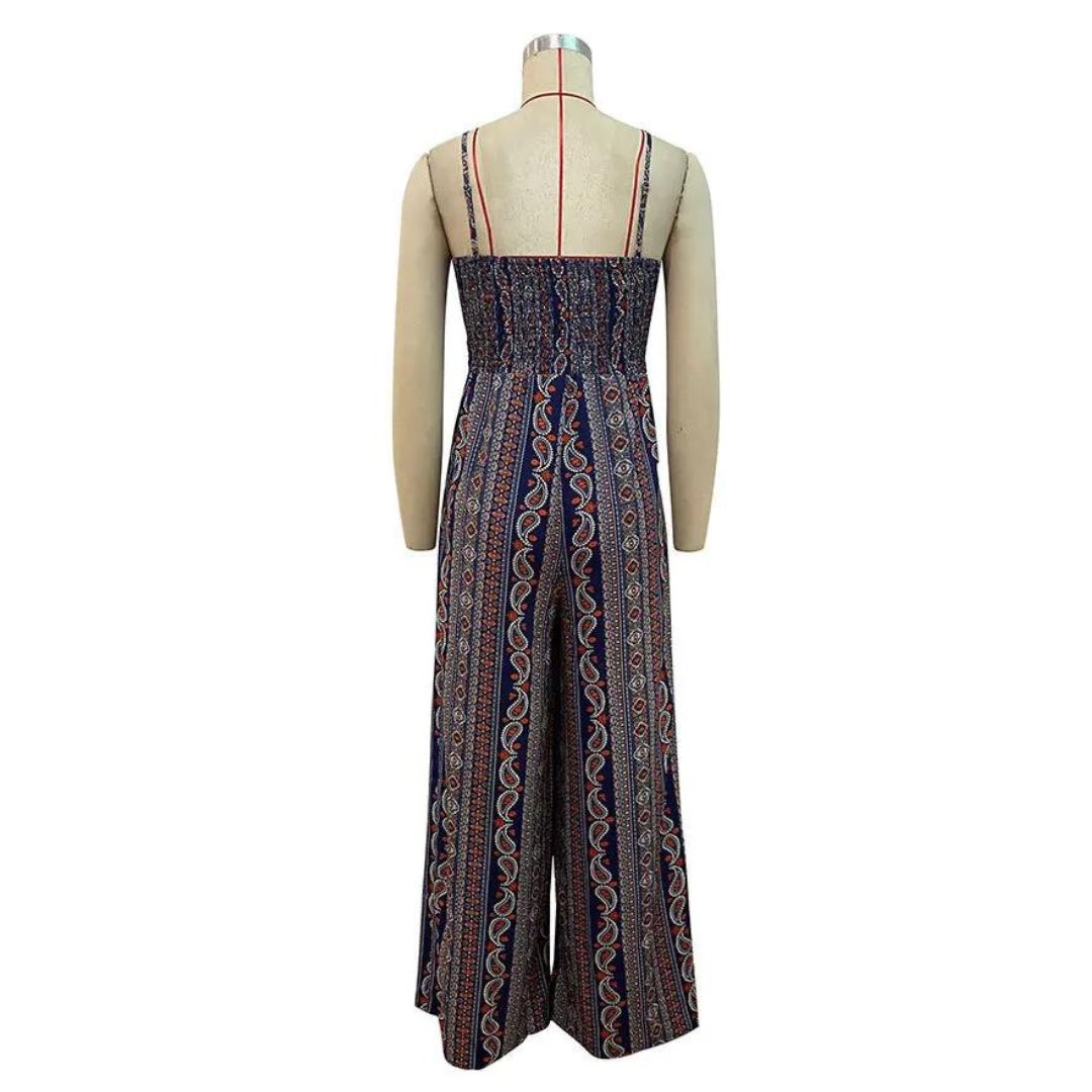 Manon – Bohemian Print Jumpsuit with Lace-Up Neckline