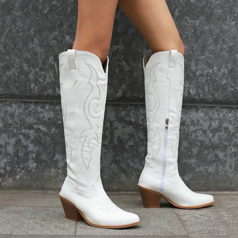 Retro Cowgirl Leather Boots - Knee High & Chunky Heel