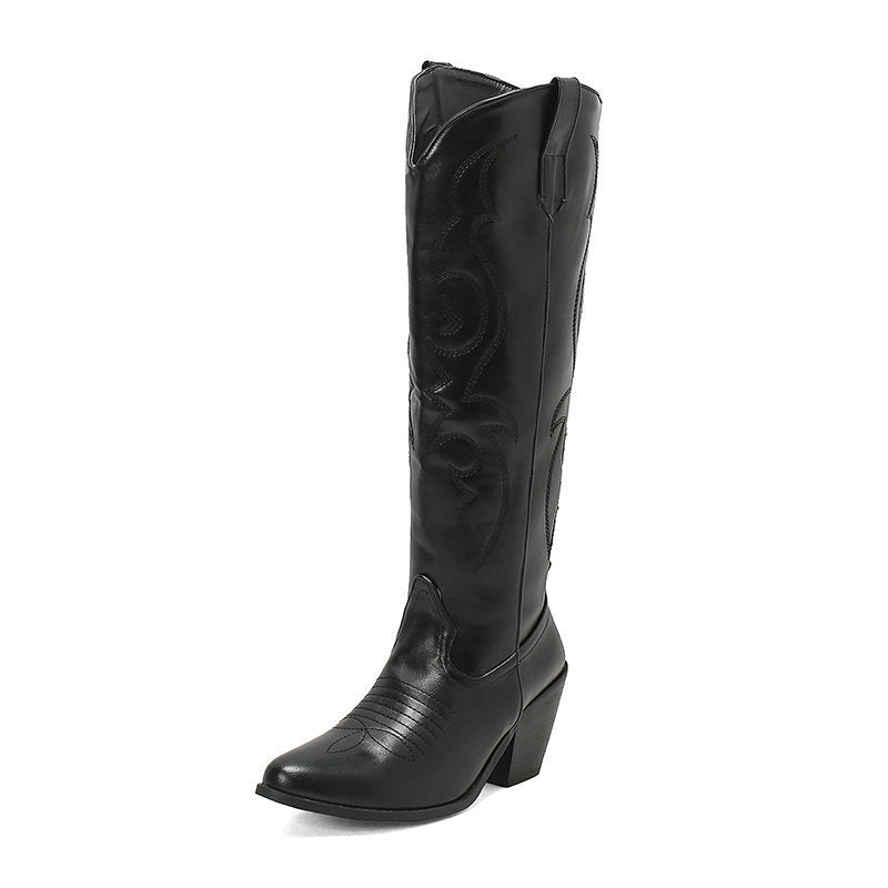 Retro Cowgirl Leather Boots - Knee High & Chunky Heel