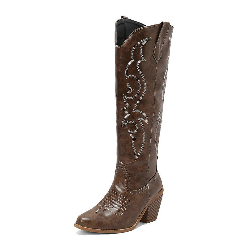 Retro Cowgirl Leather Boots - Knee High & Chunky Heel