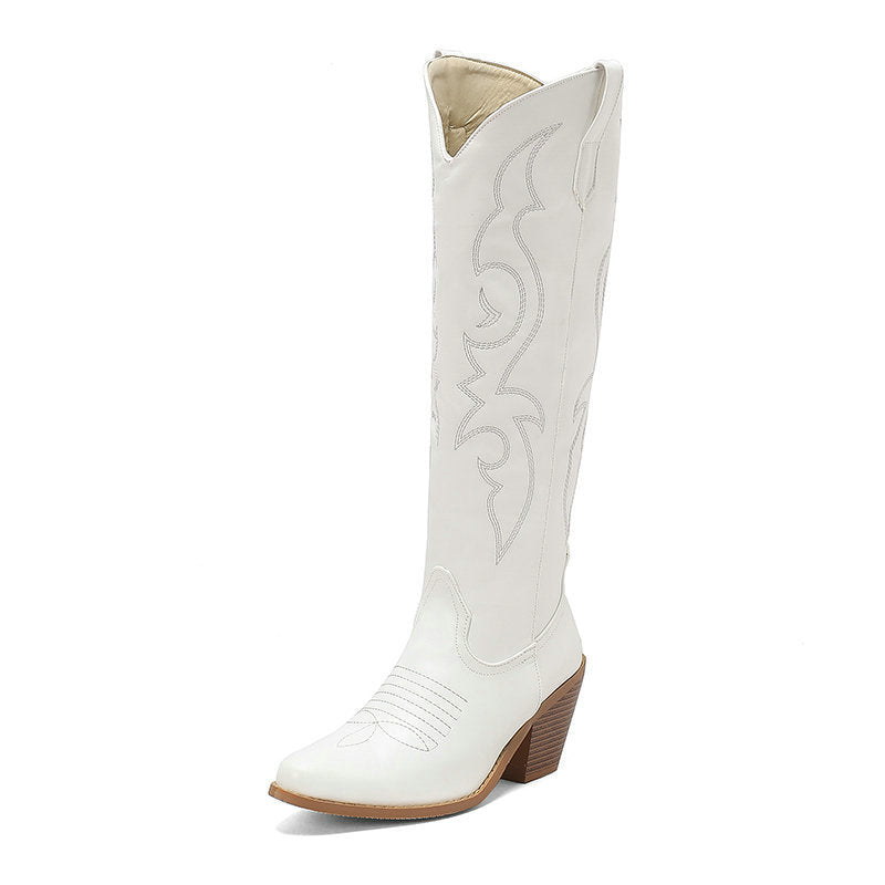 Retro Cowgirl Leather Boots - Knee High & Chunky Heel