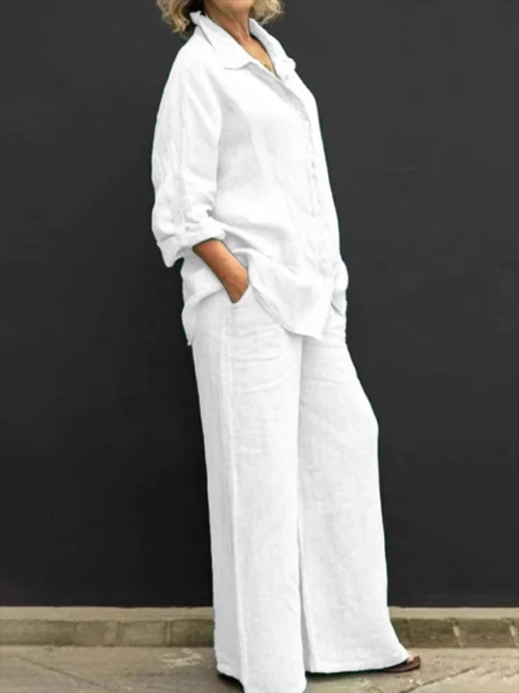 Livia I Two-piece linen lapel shirt set for women in vintage style
