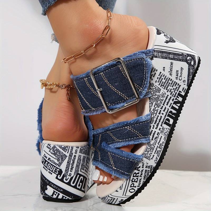 Belezza - Women's denim buckle strap wedge sandals