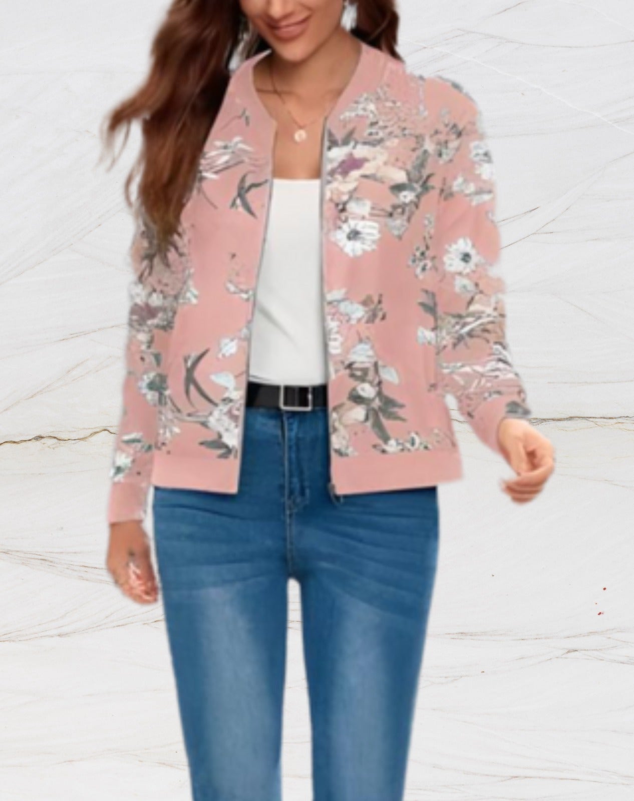Stylish women's zipped jacket with floral print