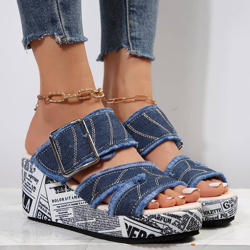 Belezza - Women's denim buckle strap wedge sandals