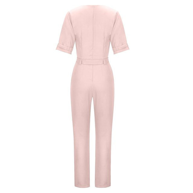 Noor – Sophisticated Short-Sleeve Jumpsuit with Buckle Detail