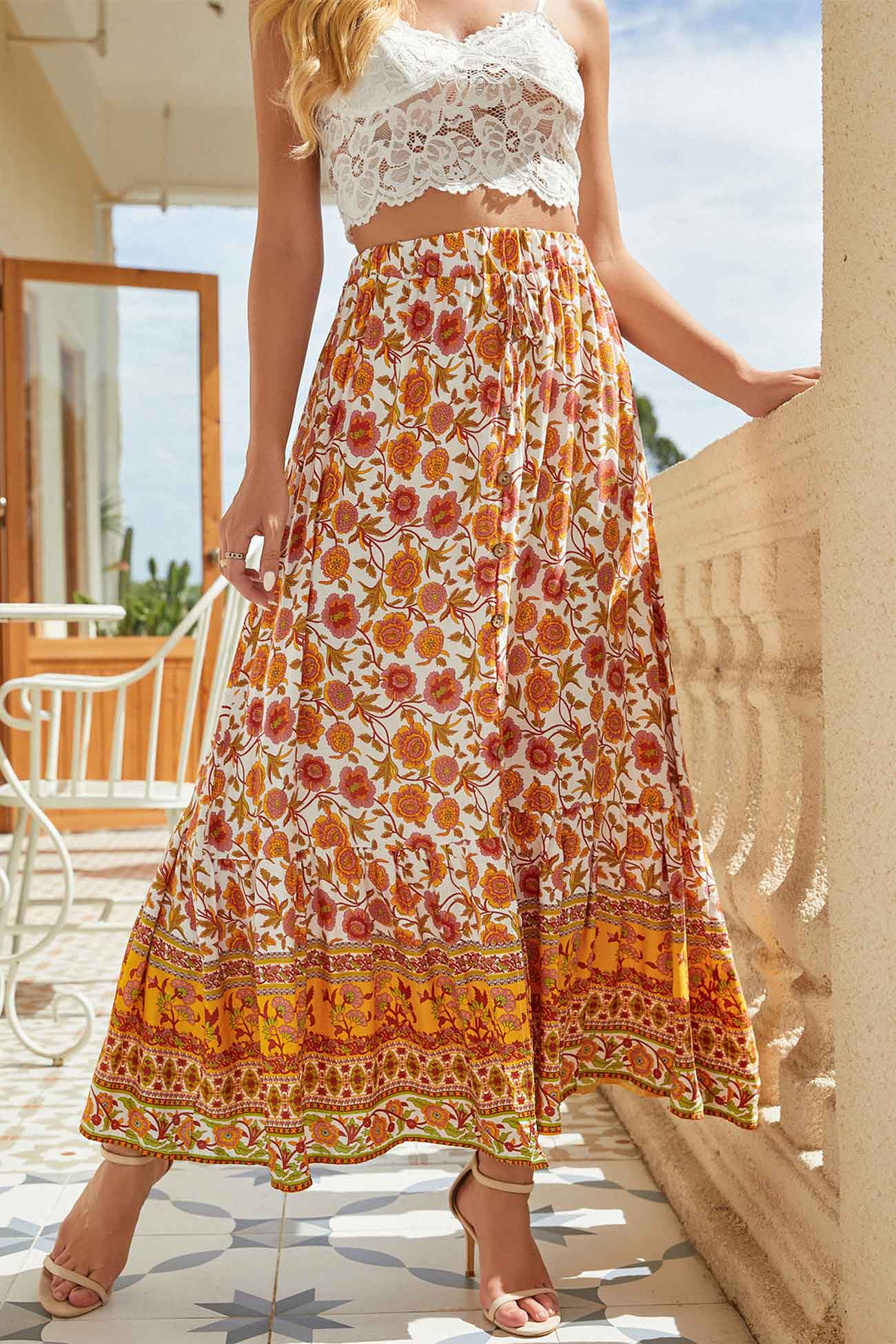 Mina - bohemian floral print midi skirt