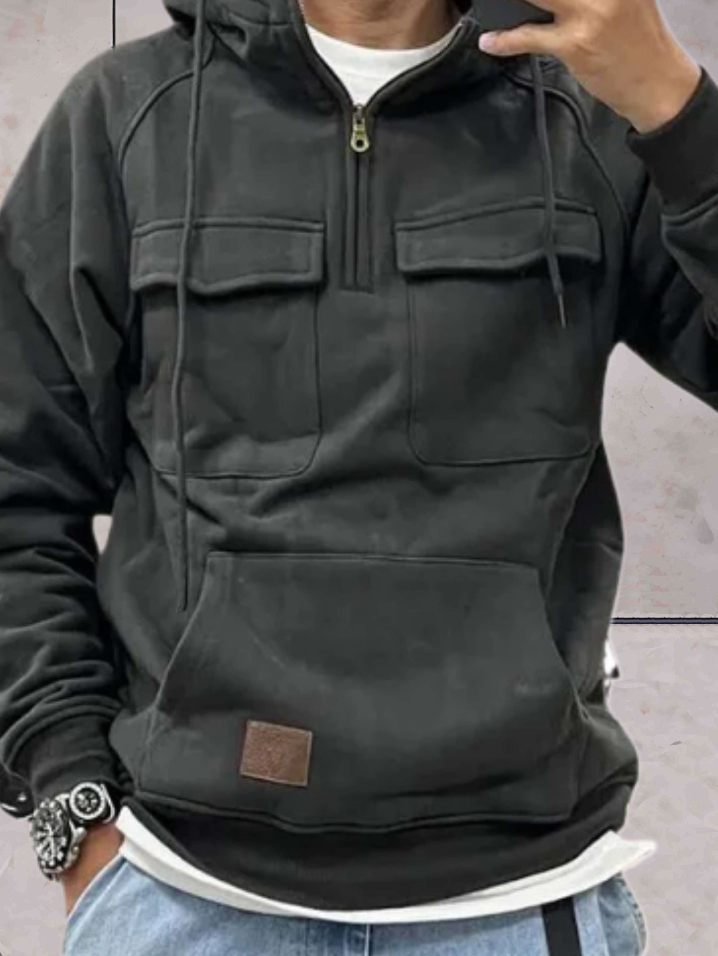 Vintage Long Sleeve Hoodie with Half-Zip for Men