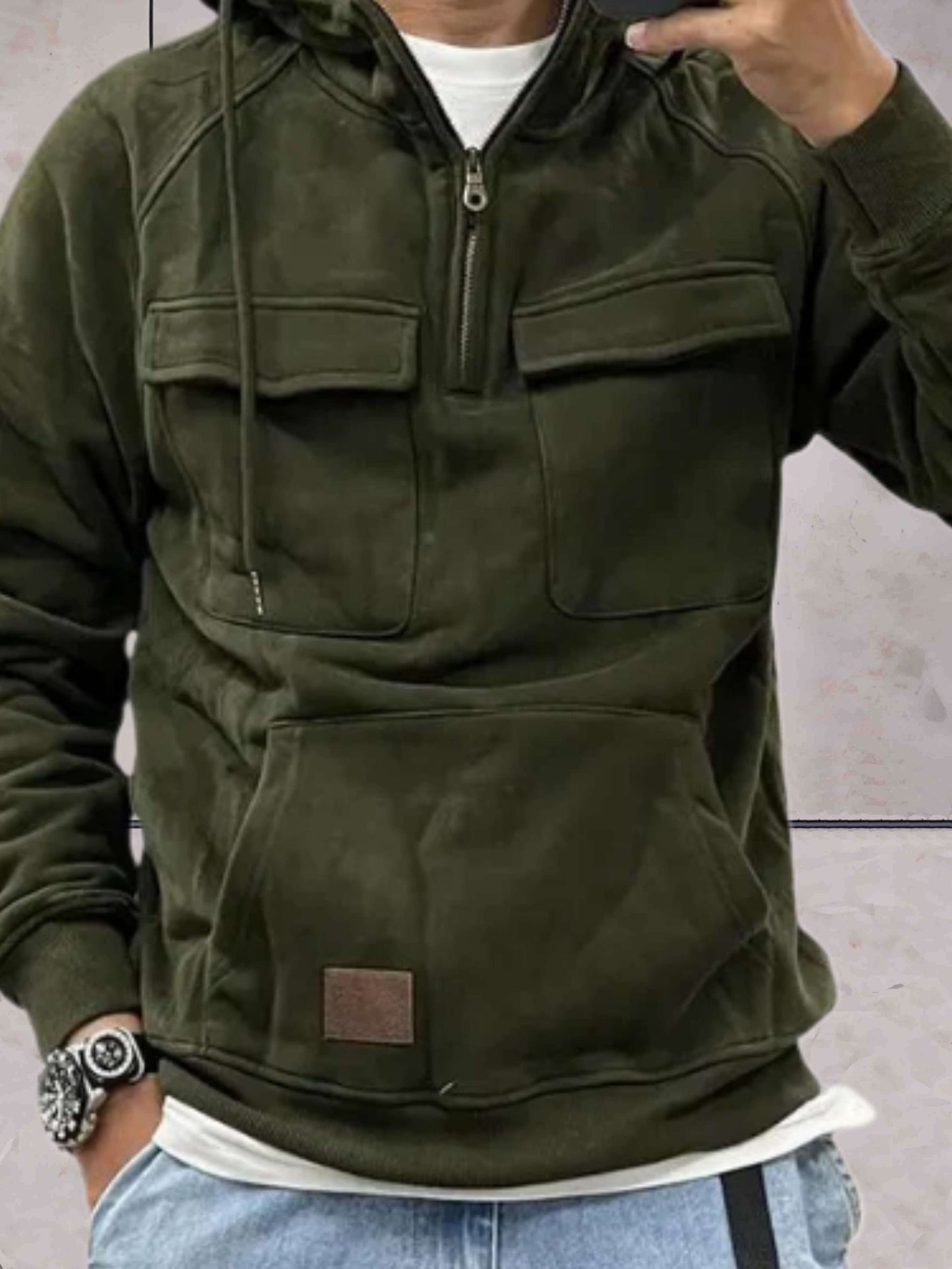 Vintage Long Sleeve Hoodie with Half-Zip for Men