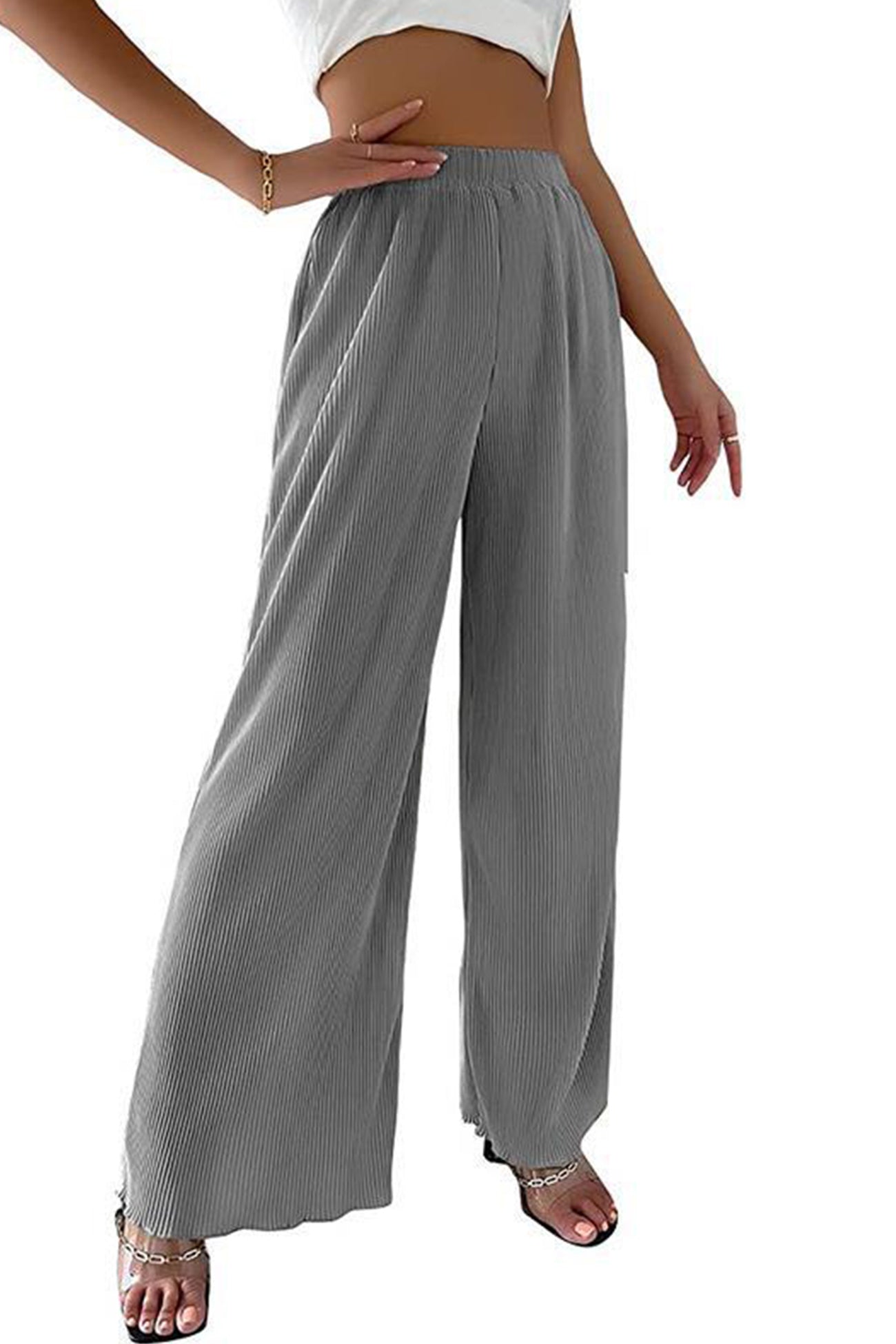 Abba - casual elastic waist wide leg long pants