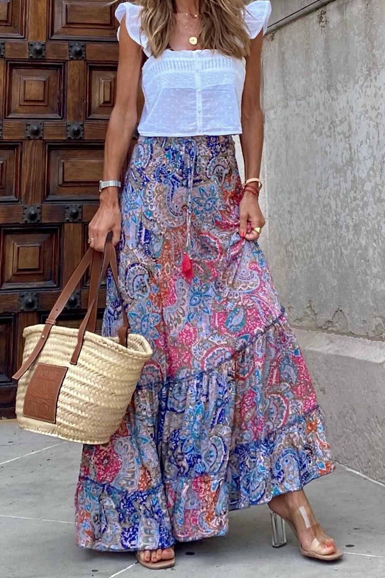 Kate - floral printed patchwork ruffle midi skirt