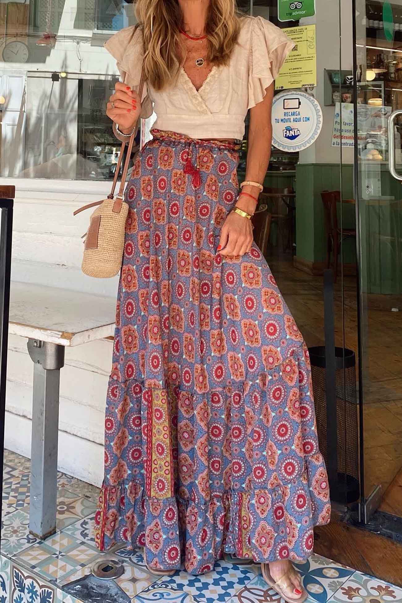 Kate - floral printed patchwork ruffle midi skirt