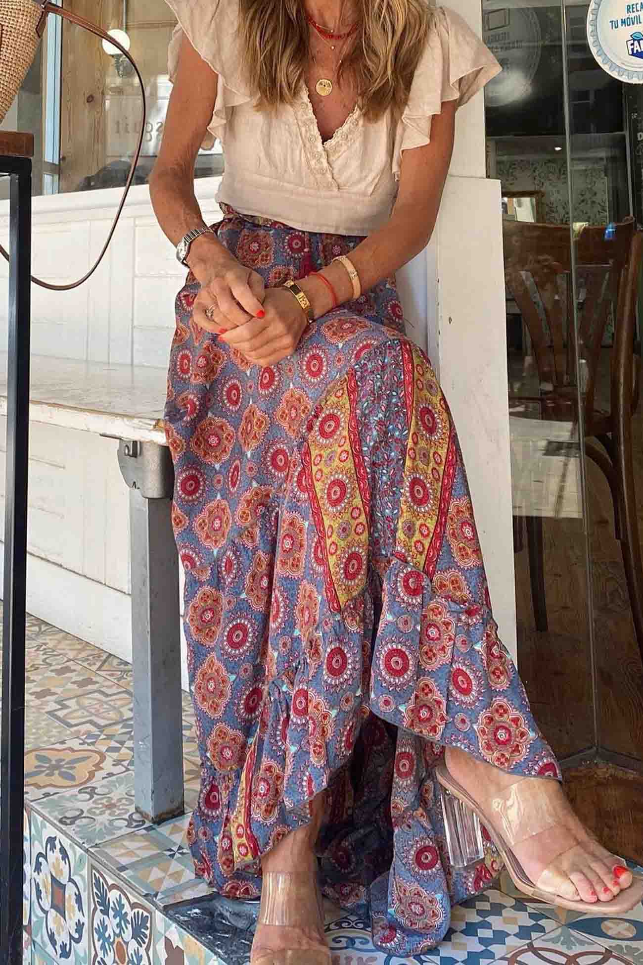 Kate - floral printed patchwork ruffle midi skirt