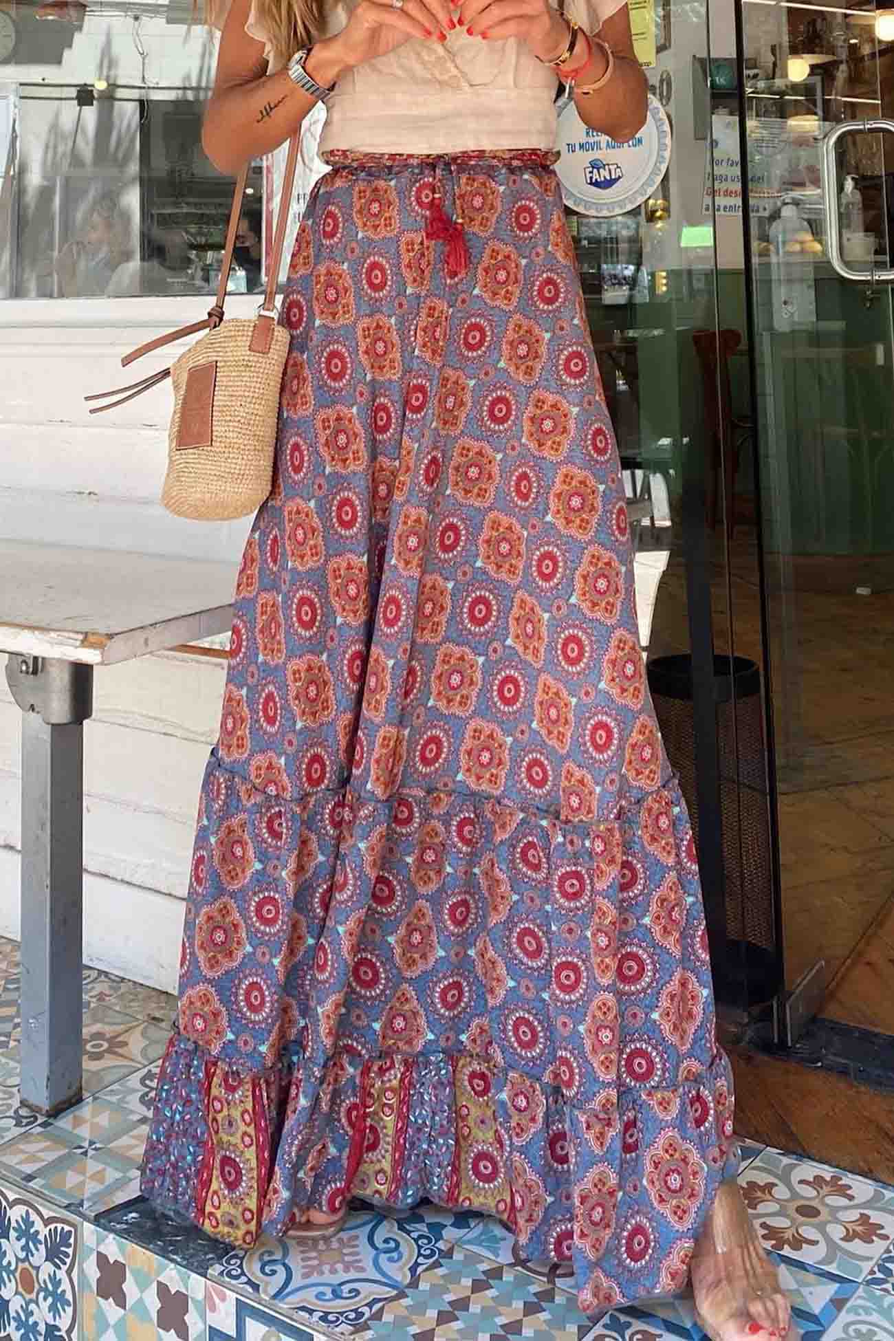 Kate - floral printed patchwork ruffle midi skirt