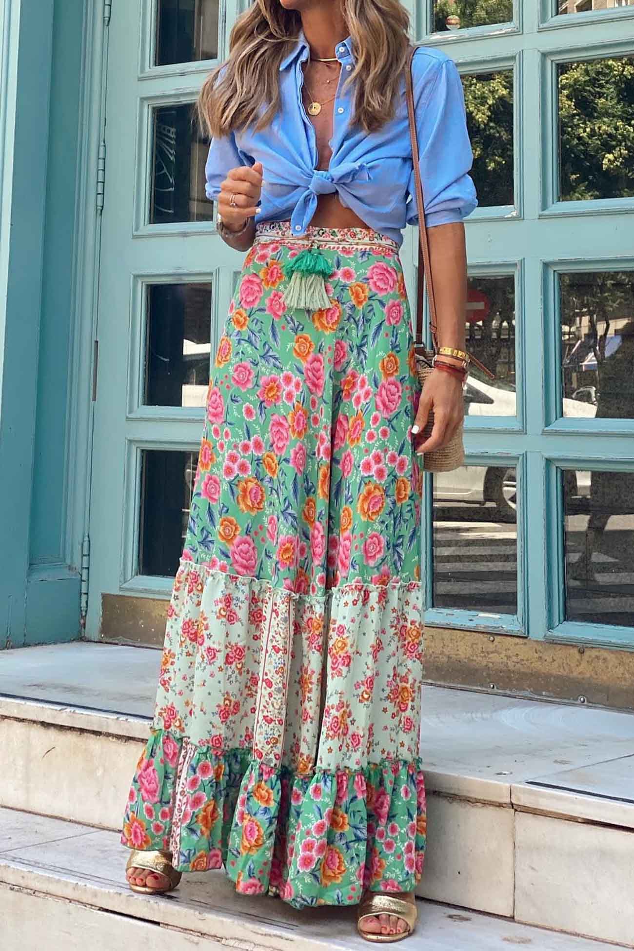 Kate - floral printed patchwork ruffle midi skirt
