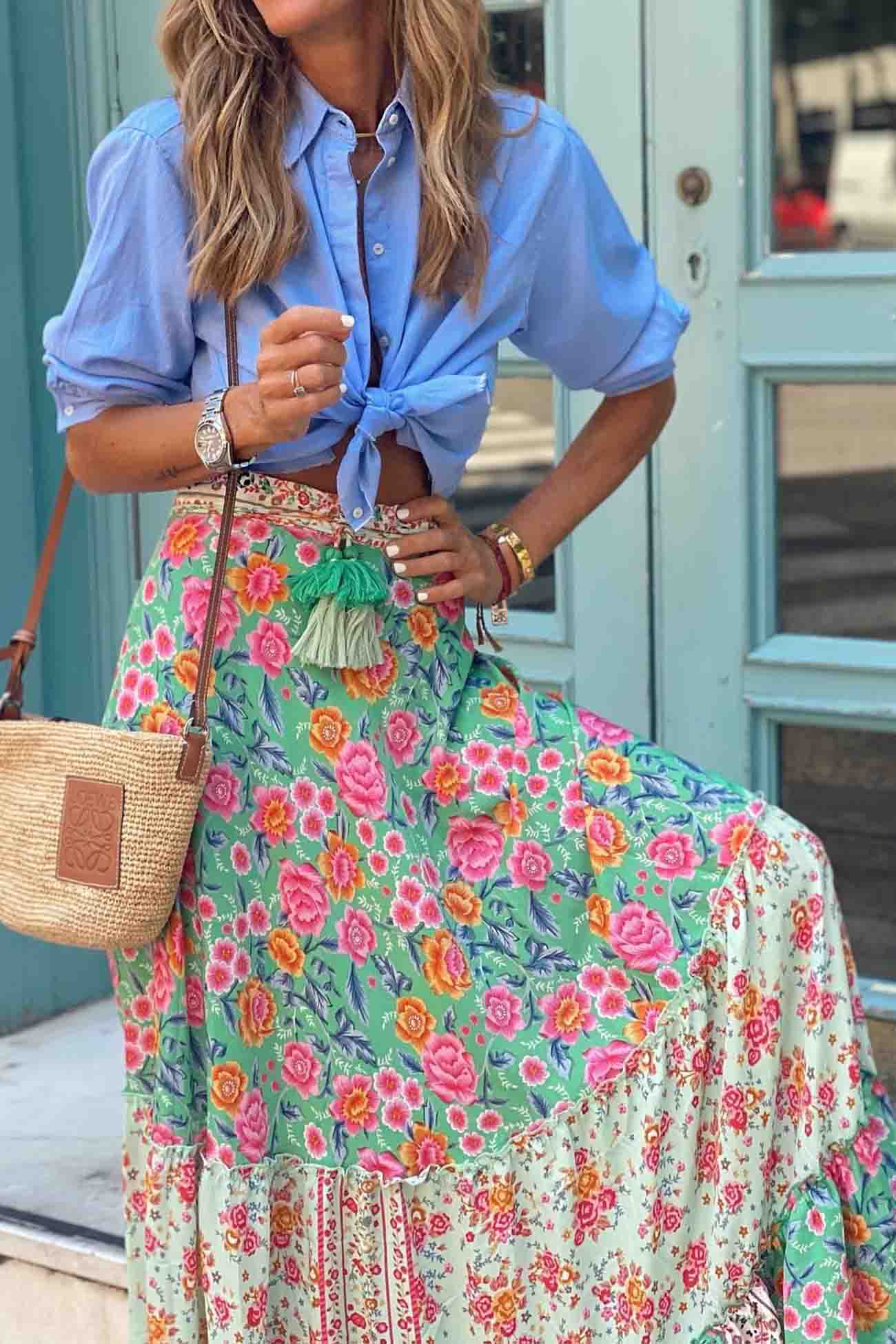 Kate - floral printed patchwork ruffle midi skirt