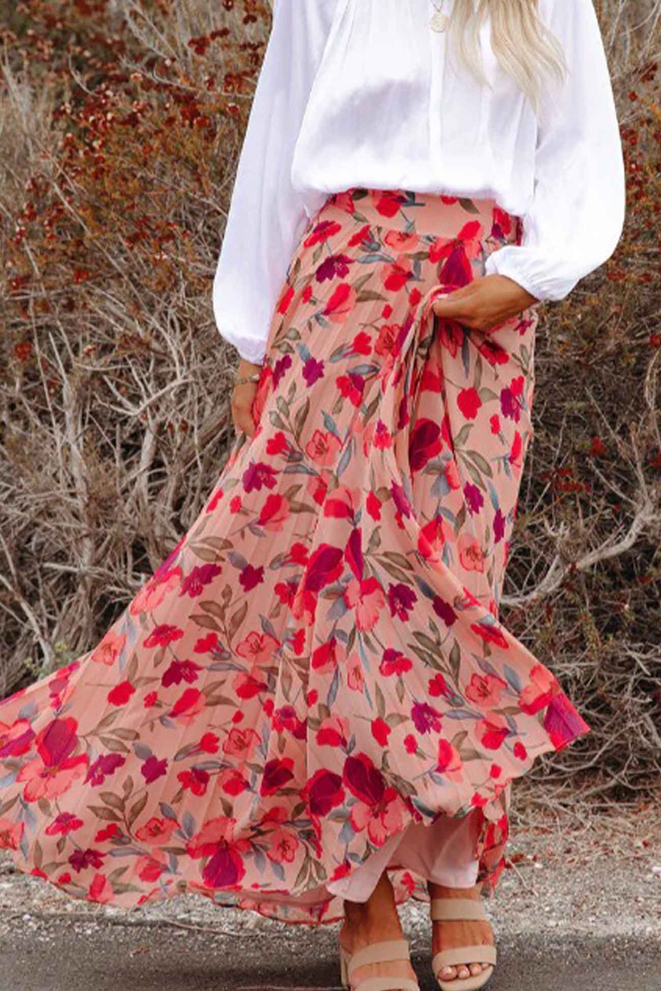 Belle - floral printed elastic waist pleated skirt