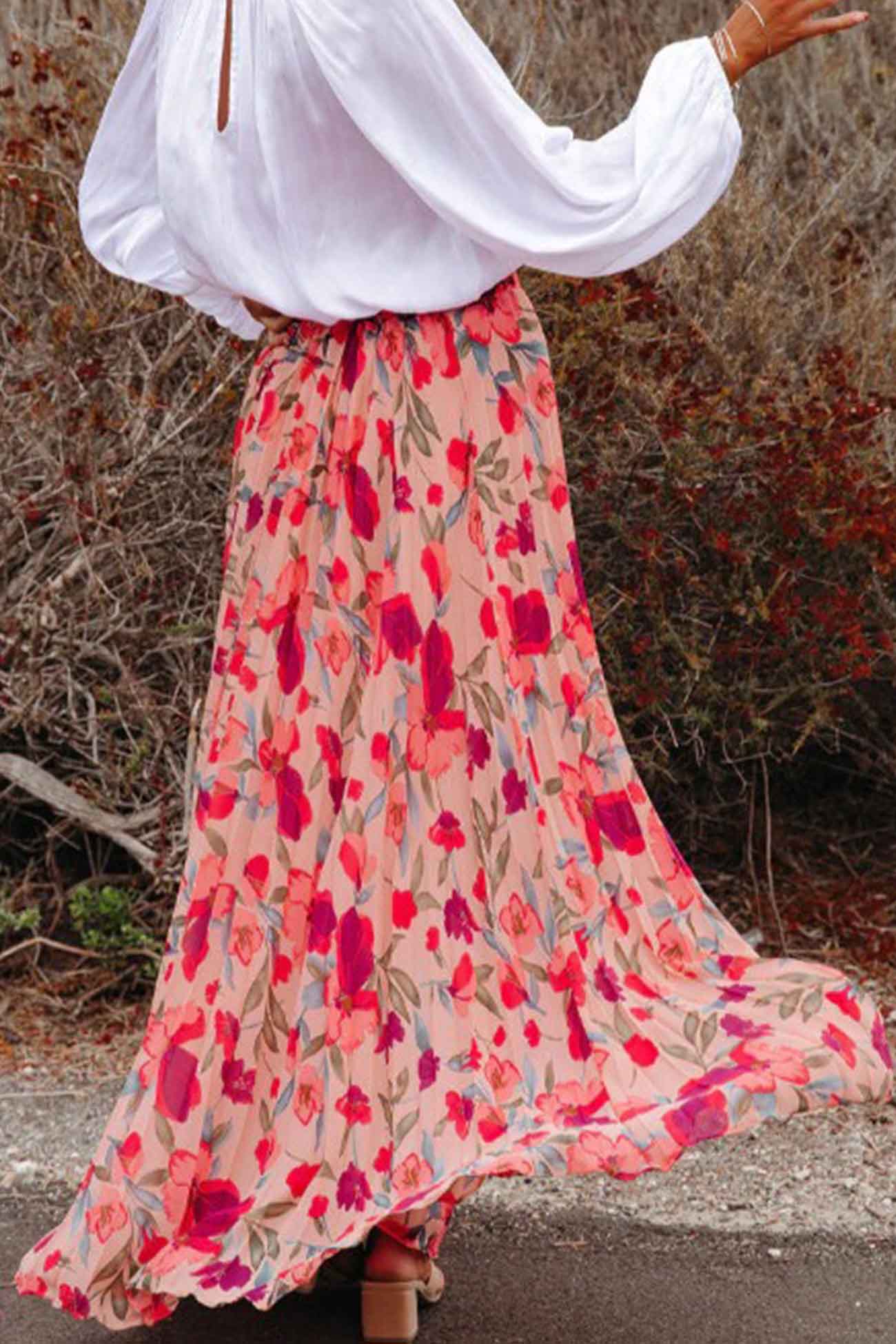 Belle - floral printed elastic waist pleated skirt