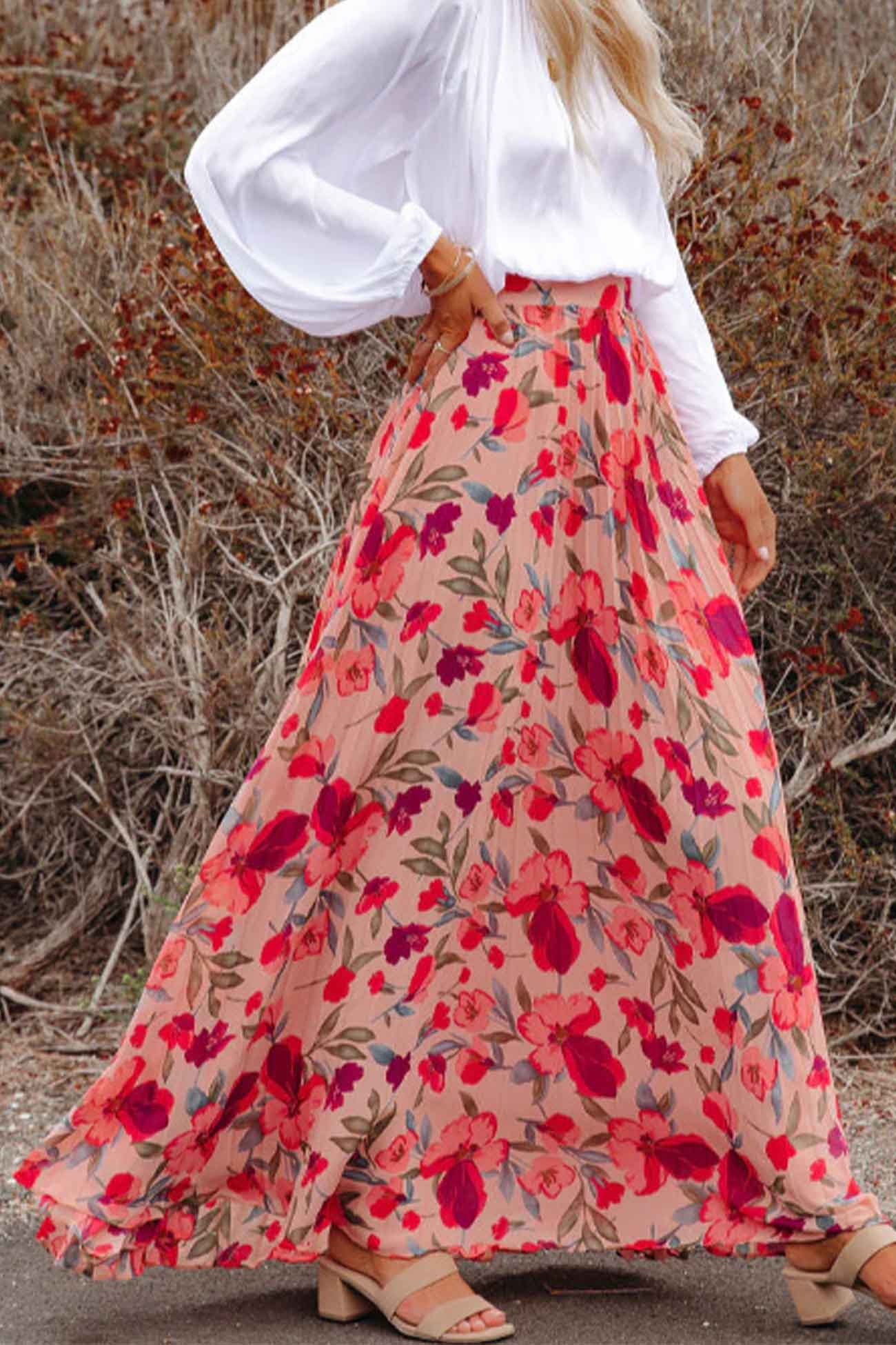 Belle - floral printed elastic waist pleated skirt