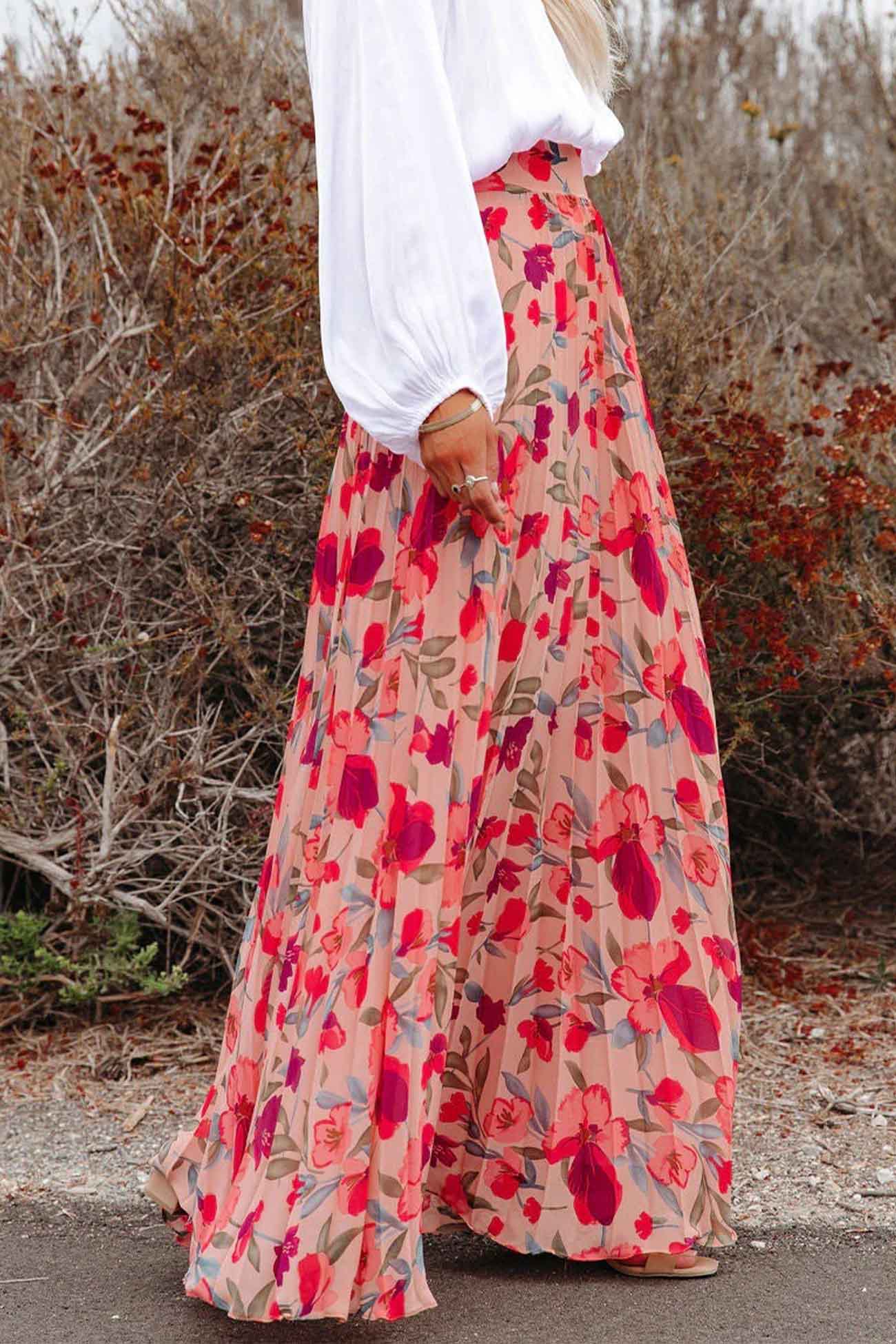 Belle - floral printed elastic waist pleated skirt