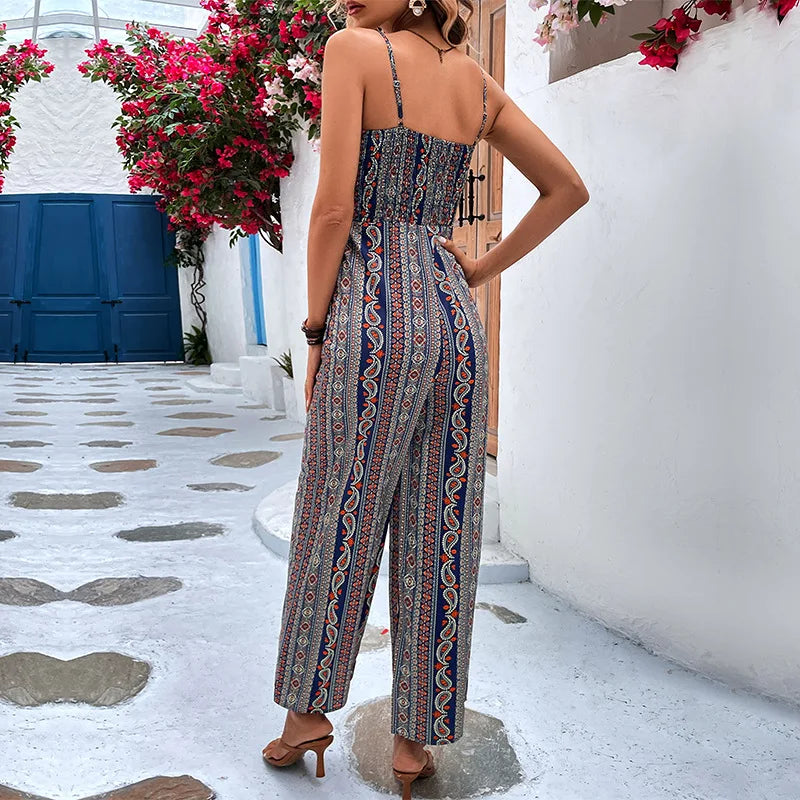 Manon – Bohemian Print Jumpsuit with Lace-Up Neckline
