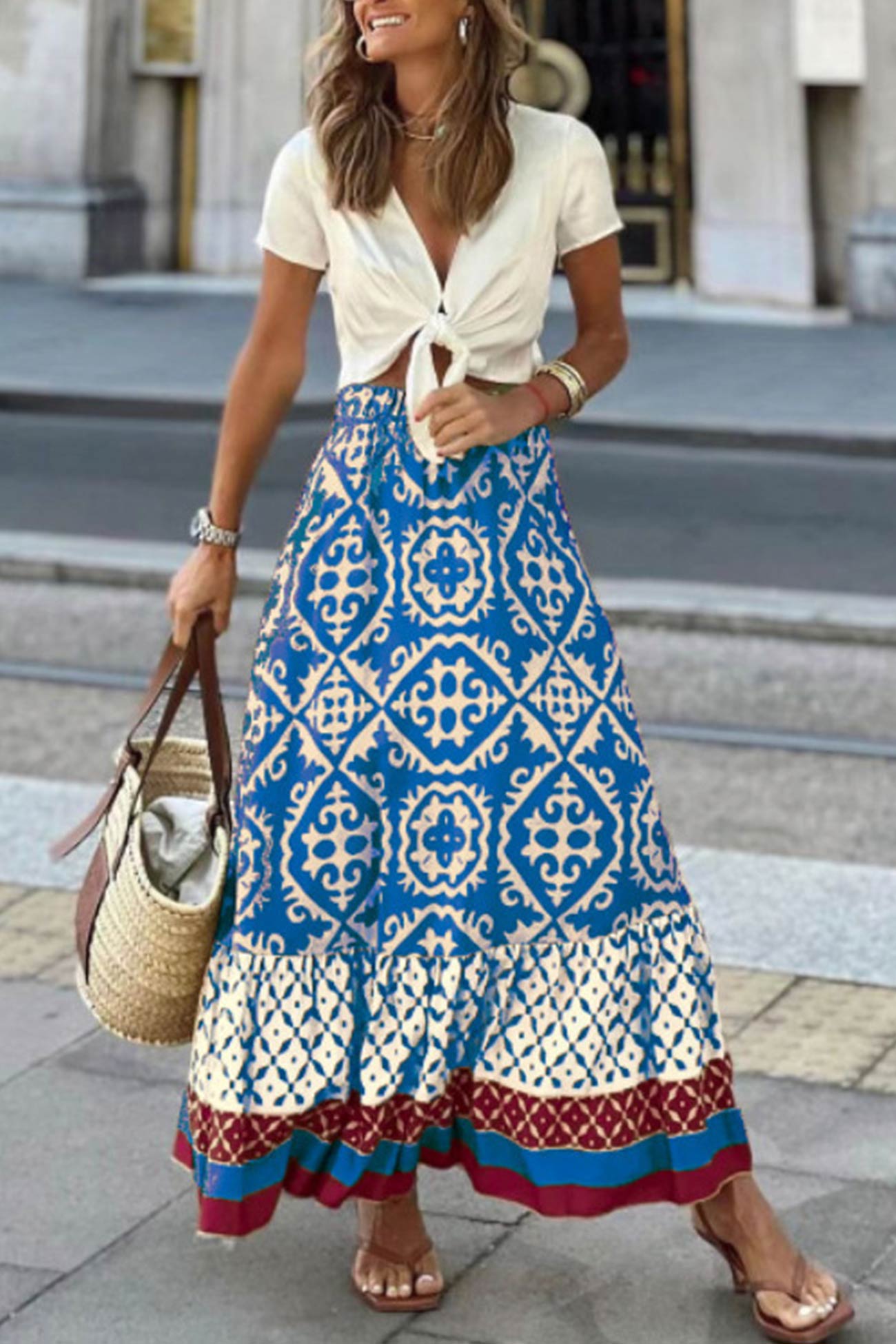 Cassie - retro print ruched midi skirt