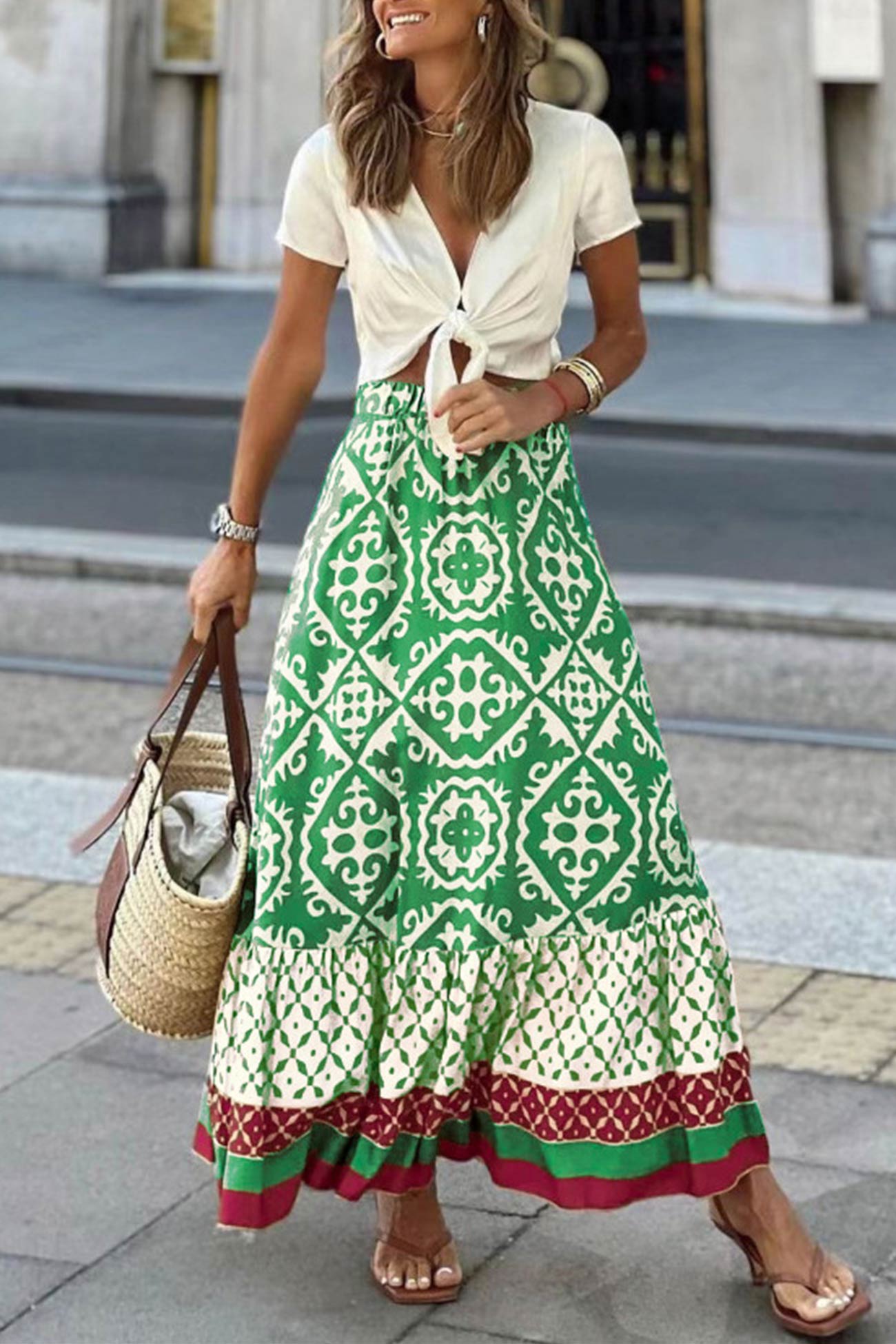 Cassie - retro print ruched midi skirt