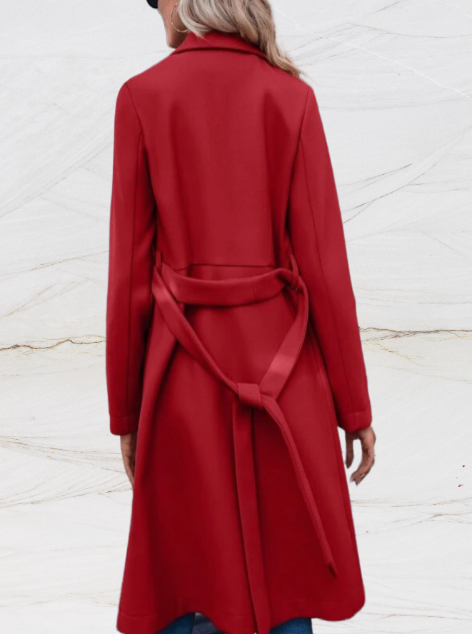Women long jacket with large collar buttons and robe-like tie design