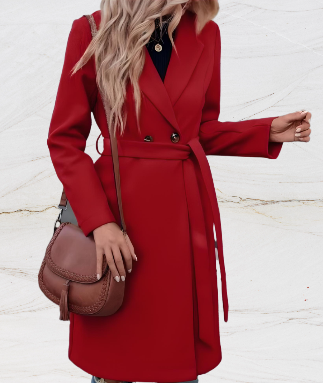 Women long jacket with large collar buttons and robe-like tie design