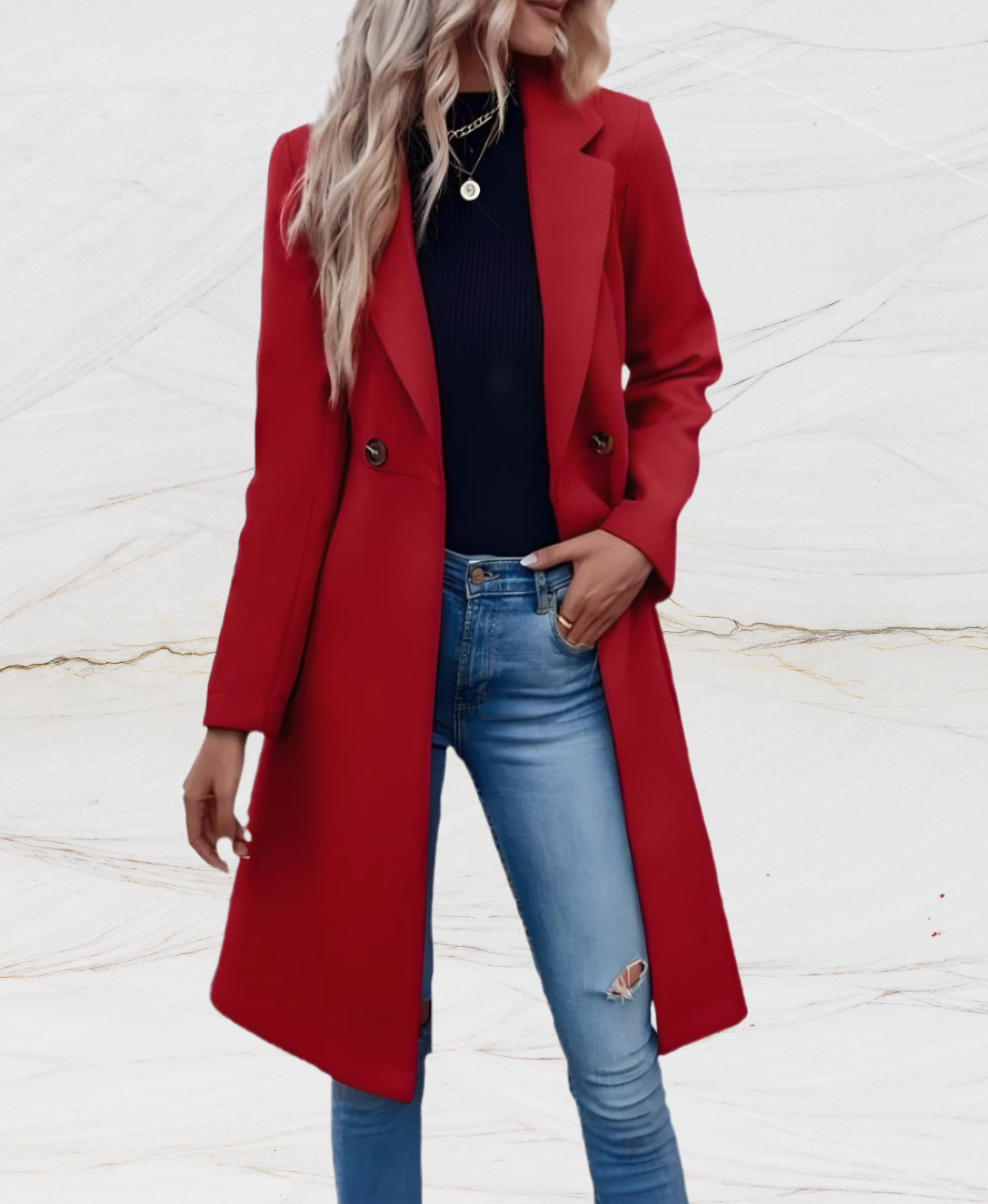 Women long jacket with large collar buttons and robe-like tie design