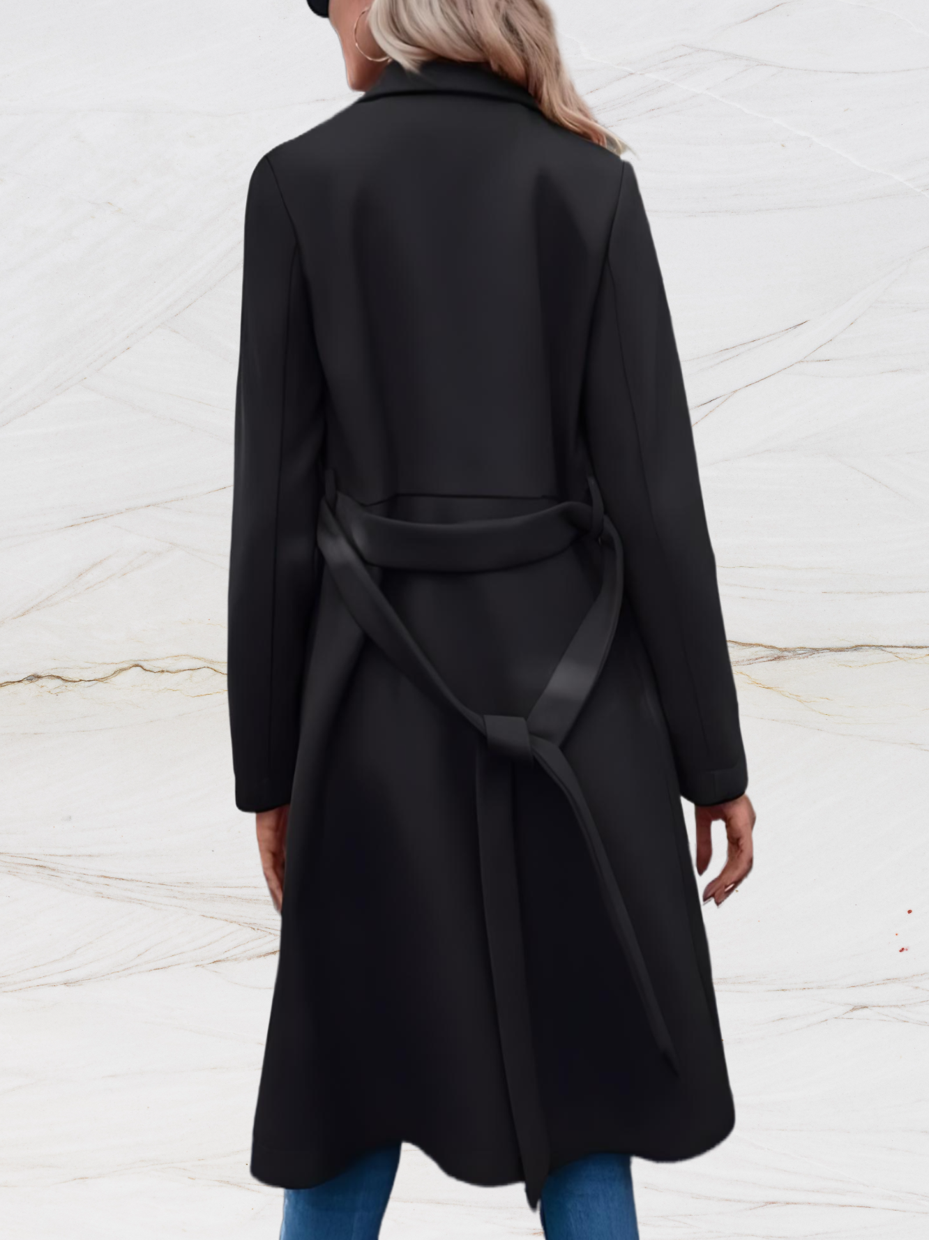 Women long jacket with large collar buttons and robe-like tie design