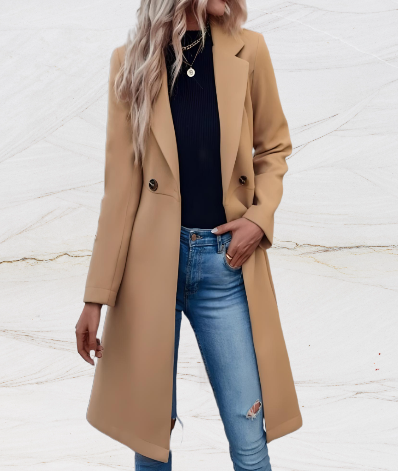 Women long jacket with large collar buttons and robe-like tie design