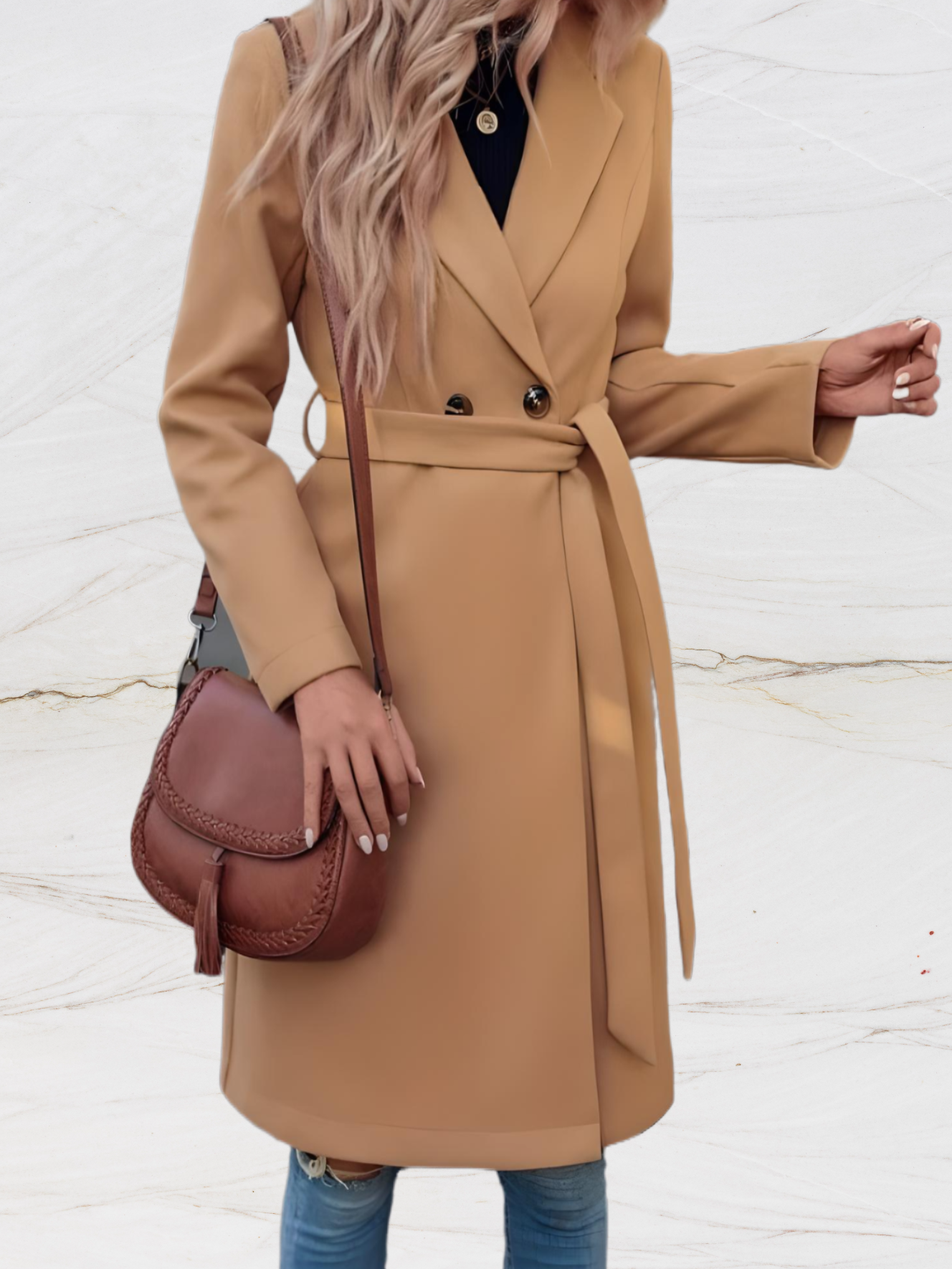 Women long jacket with large collar buttons and robe-like tie design