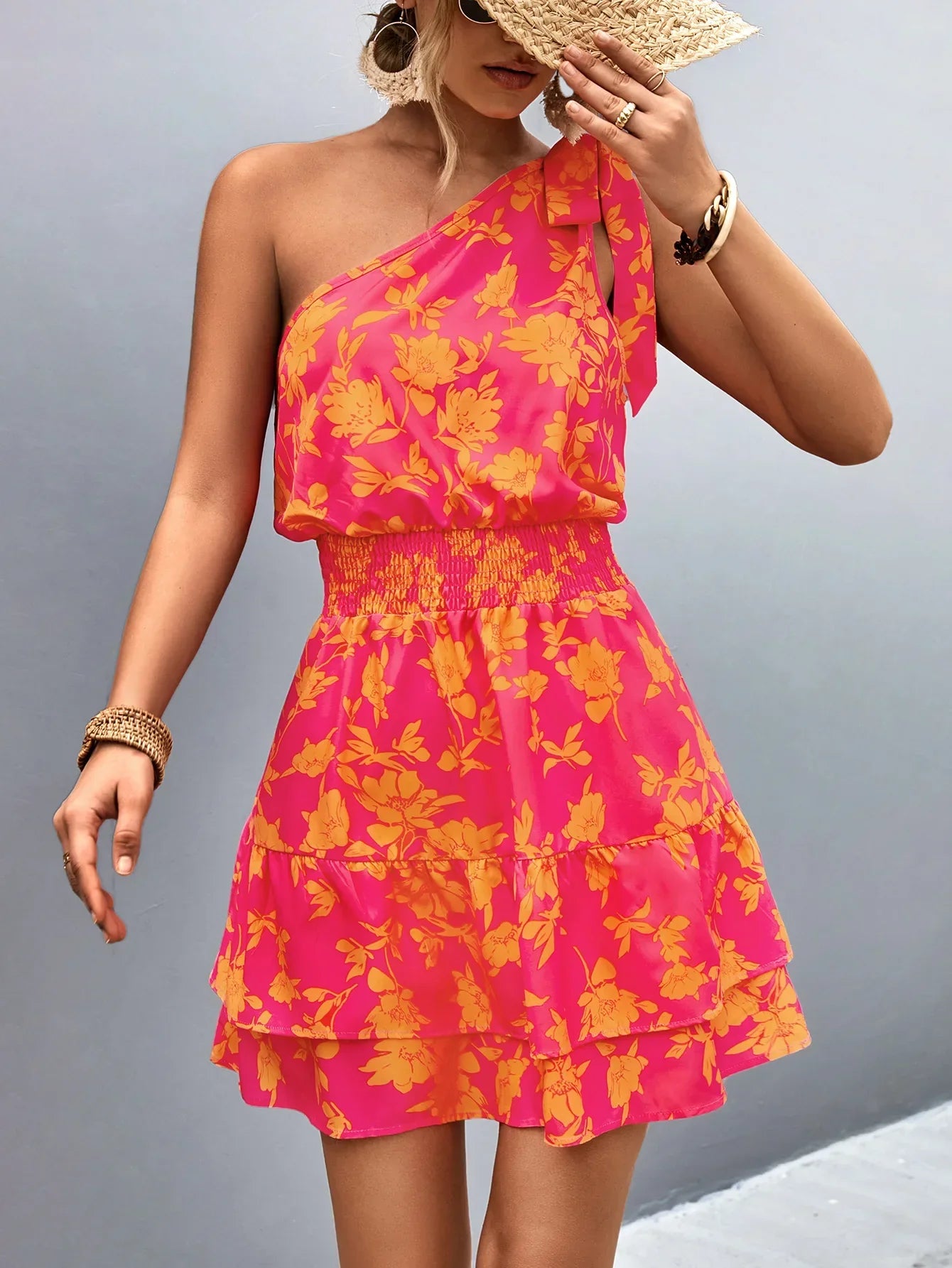 Addison I One Shoulder Layered Dress with Boho Floral Print