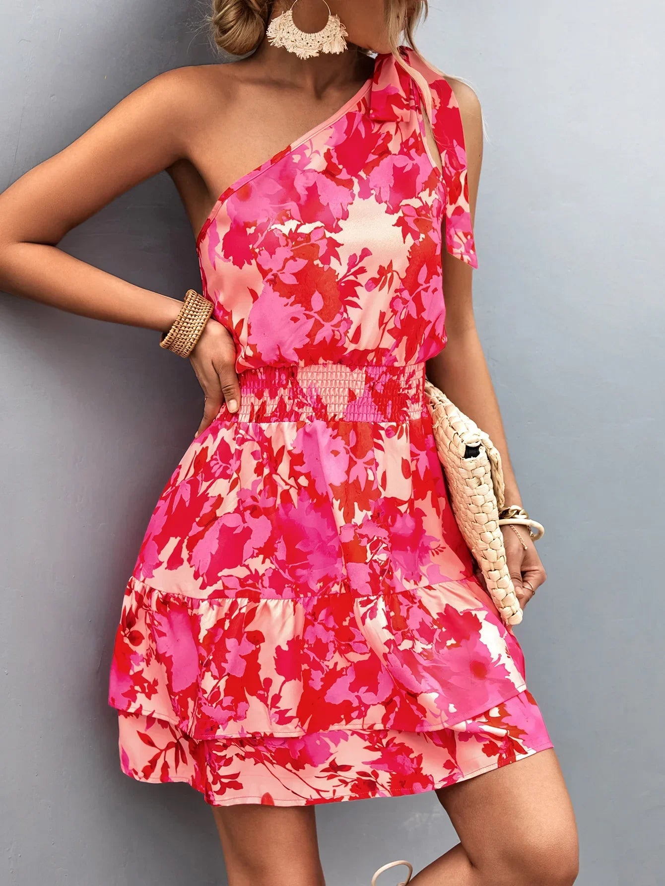 Addison I One Shoulder Layered Dress with Boho Floral Print