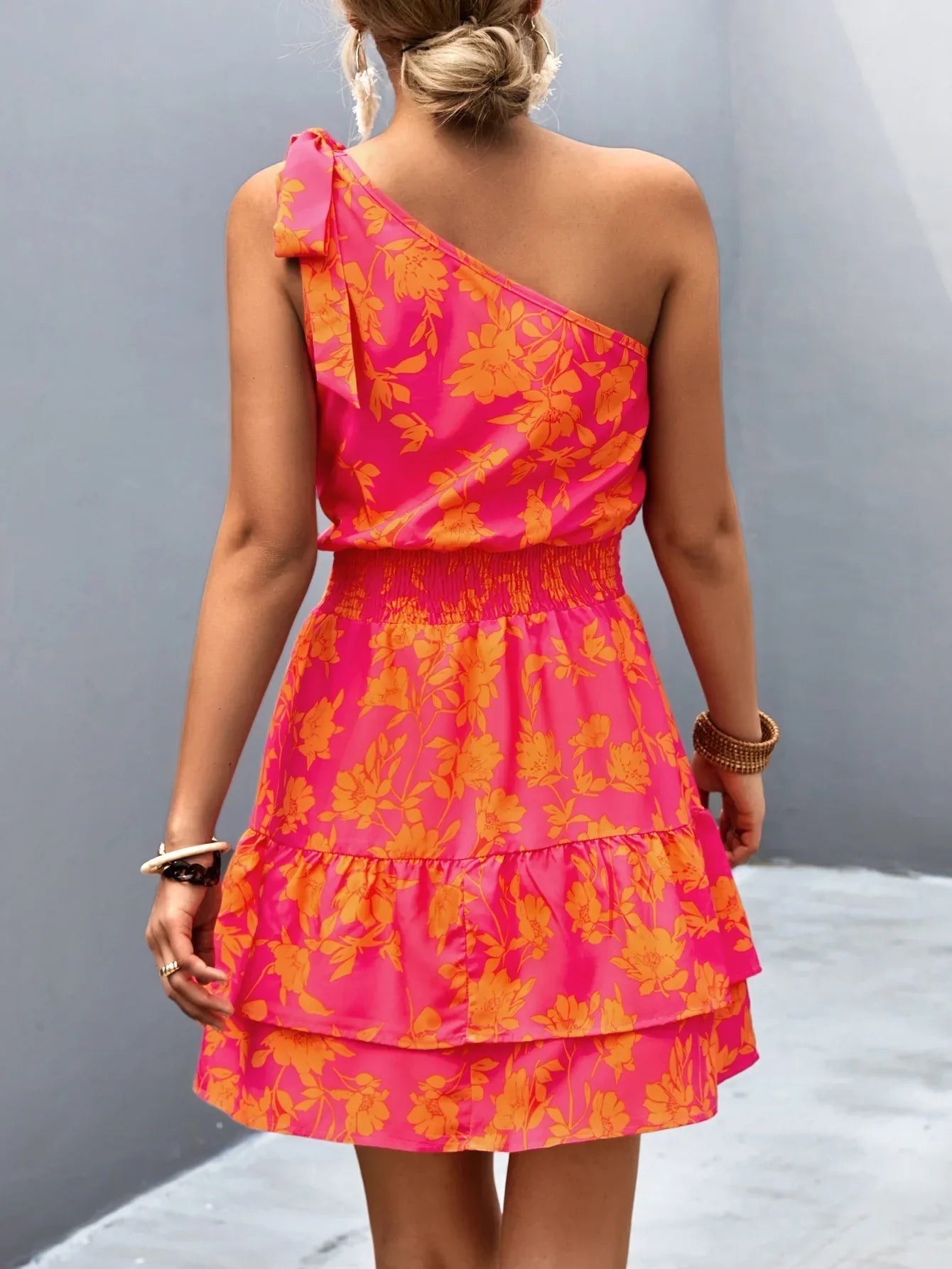 Addison I One Shoulder Layered Dress with Boho Floral Print