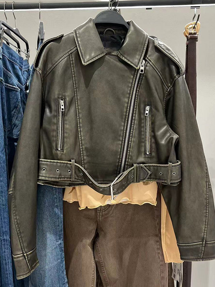 Vintage Short Leather Jacket with Lapels for Women