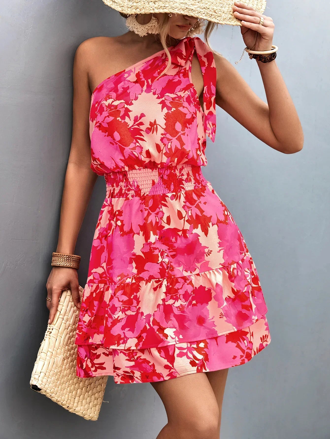 Addison I One Shoulder Layered Dress with Boho Floral Print