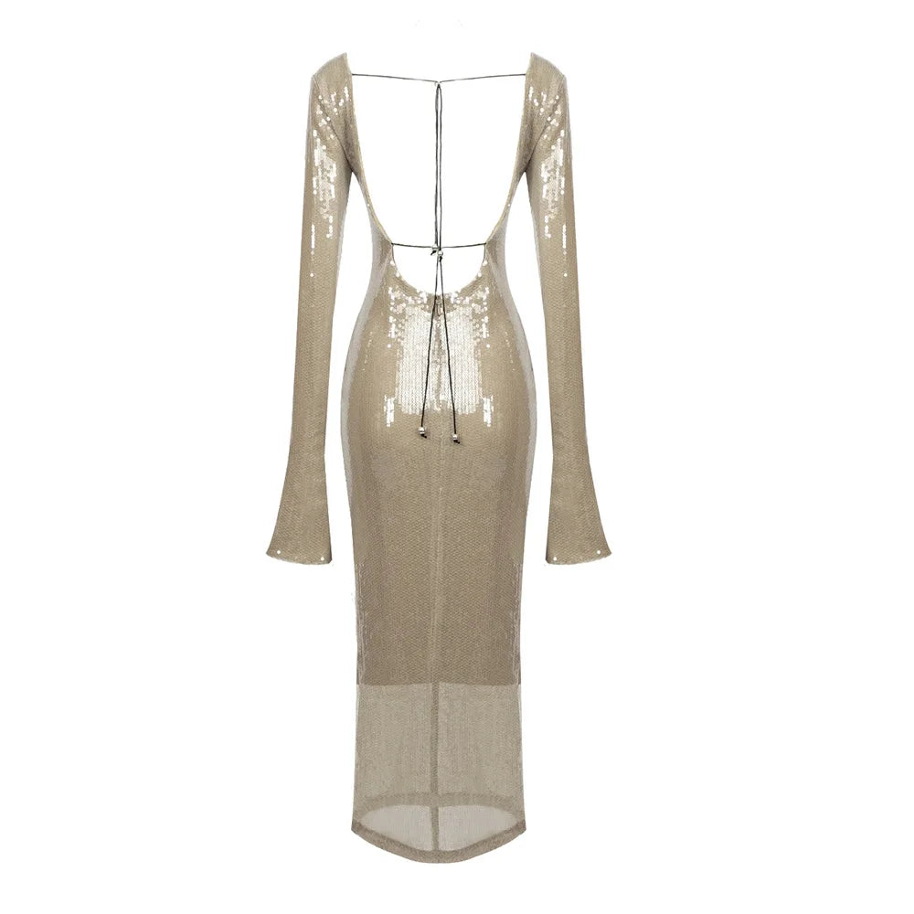 Elegant Sequins Backless Midi Dress