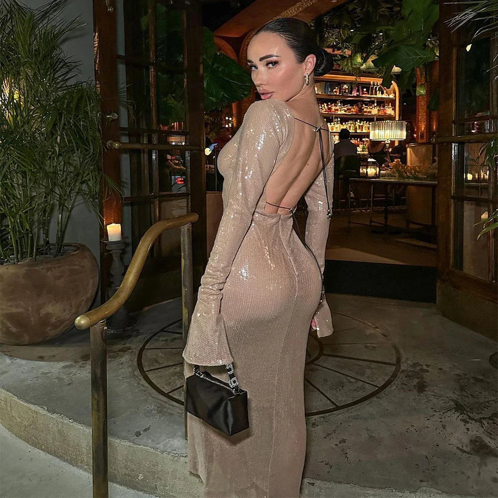 Elegant Sequins Backless Midi Dress