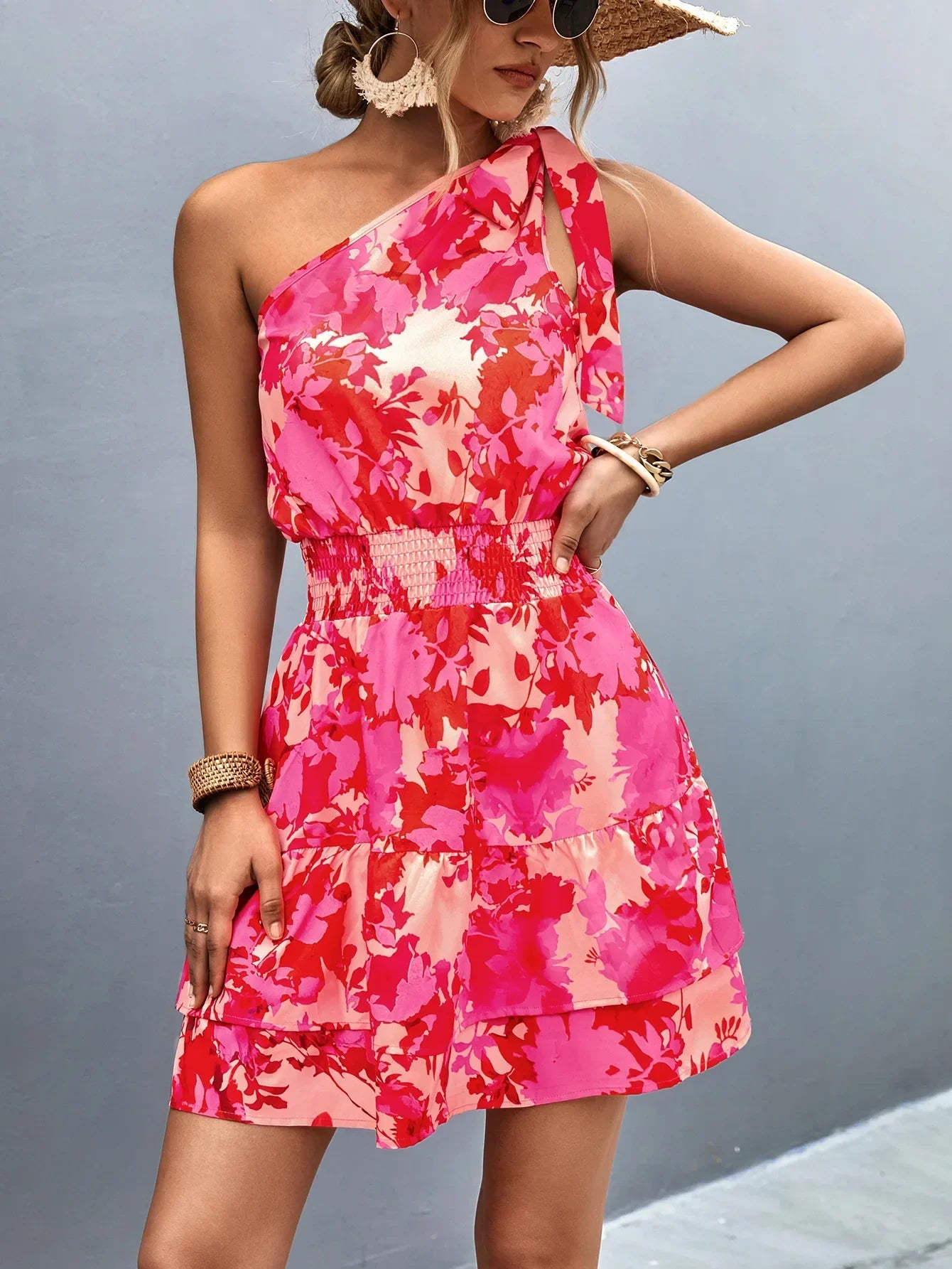 Addison I One Shoulder Layered Dress with Boho Floral Print