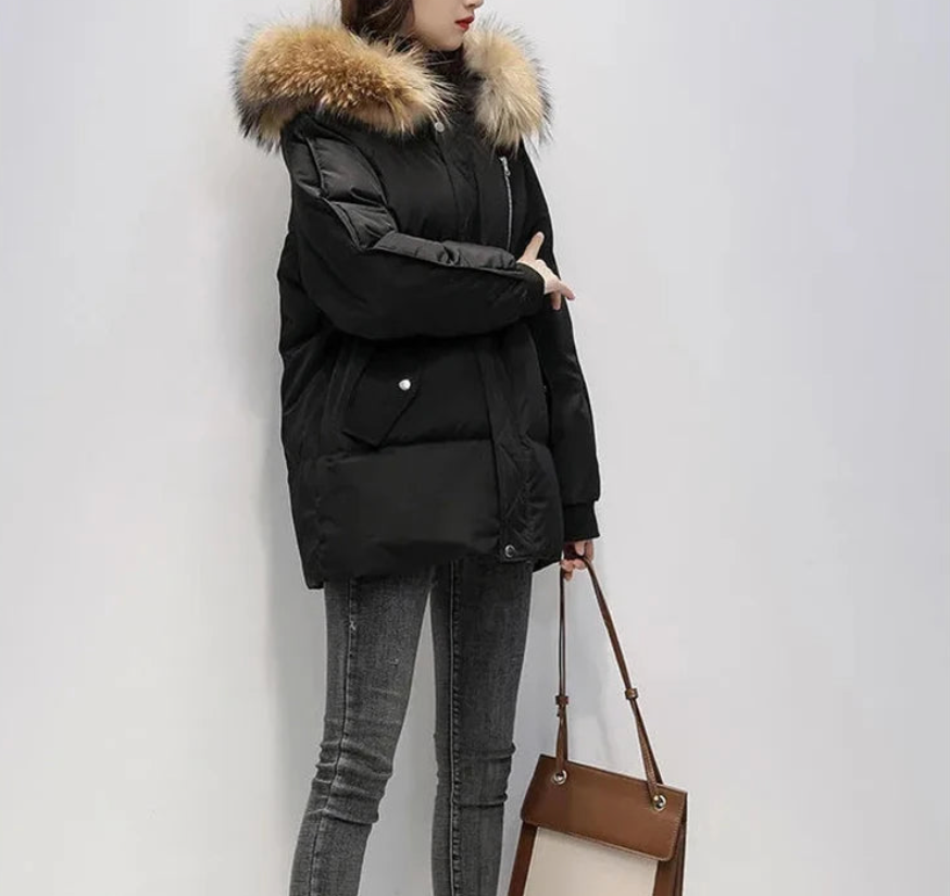 Women coat with faux fur hood