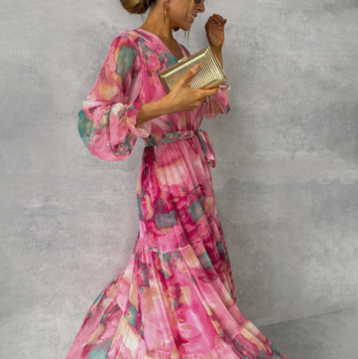 Evelyn - watercolor dream maxi dress with v-neck and long sleeves