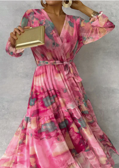 Evelyn - watercolor dream maxi dress with v-neck and long sleeves