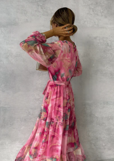 Evelyn - watercolor dream maxi dress with v-neck and long sleeves